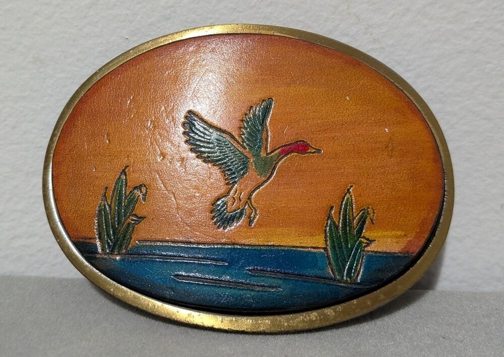 Vtg Hand Tooled Leather Brass Belt Buckle Flying Mallard Duck Western Made in US